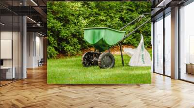 Manual walk behind grass seed spreader and bag of lawn fertilizer in a green residential backyard. Wall mural