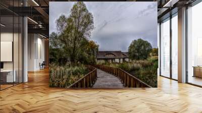 Landscape view of wooden path over marsh,leading to two traditional building in background. Kopački rit Nature Park (Amazon of Europe), Croatia. Wall mural