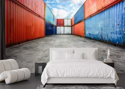 Colorful shipping containers in industrial yard Wall mural