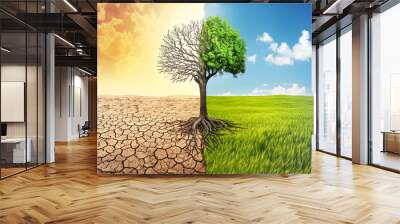 Conceptual Tree Depicting Climate Change with Dual Environments Wall mural