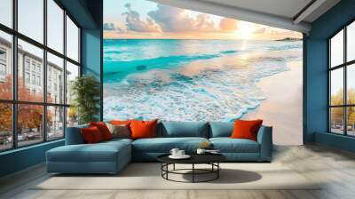 Vibrant sunset over a calm ocean with gentle waves Wall mural