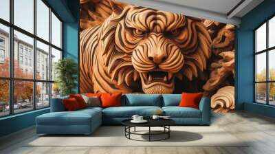 A wooden sculpture of an angry tiger Wall mural