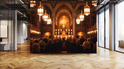 A congregation gathered in a church for worship or prayer, showcasing unity and community engagement Wall mural