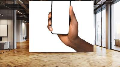 African Hand holding the black smartphone iphone with blank screen and modern frameless design in two rotated perspective positions - isolated on white background  Wall mural