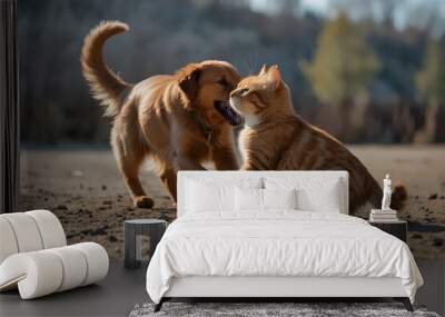 cute puppy an cat friendship Wall mural