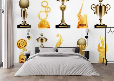 Awards and trophy cups. Triumph sport awards and prizes, winner trophy gold cup illustration. Best competition achievements. Awards in different shapes Wall mural