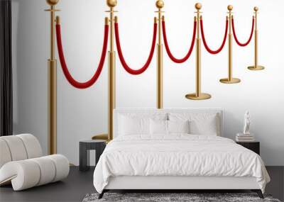 Barriers with red rope line. VIP zone, closed event restriction. Realistic image of golden poles with velvet rope. Isolated on white background Wall mural