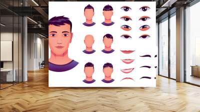 Boy face construction, avatar creation with different head parts.  cartoon set of young man or male eyes, noses, brows and lips. Head pack for face generator isolated on white background Wall mural