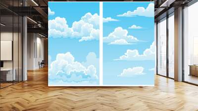 Cloudscape sky cartoon background set . Light blue daytime sky with white fluffy clouds. Heaven with bright weather, summer season outdoor scene. Vector illustration Wall mural