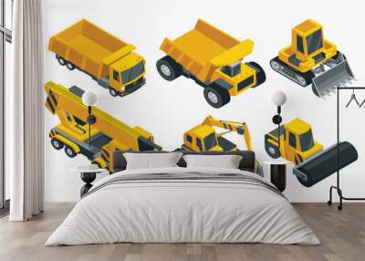 Construction machinery isometric icon set. Heavy transportation. Symbols representing heavy mining or road industry. Career and construction transport. Vector illustration Wall mural