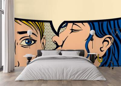 Gossip girl whispering in ear secrets. Comic book panel in pop art style. Rumor or word-of-mouth concept. Emotional pretty woman trying to tell or announcing secret message. Color  illustration Wall mural