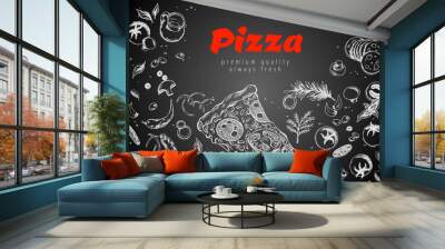 Hand drawn pizza line banner. Engraved style chalk doodle background. Savoury pizza ads. Tasty banner for cafe, restaurant or food delivery service Wall mural