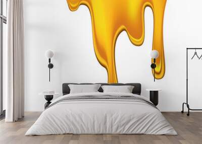 Honey dripping on white background. Golden flow syrup, caramel flowing or liquid melt template. Colorful delicious honey drops Wall mural