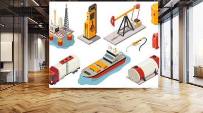 Isometric oil and gas icons showing equipment and infrastructure related to the industry Wall mural