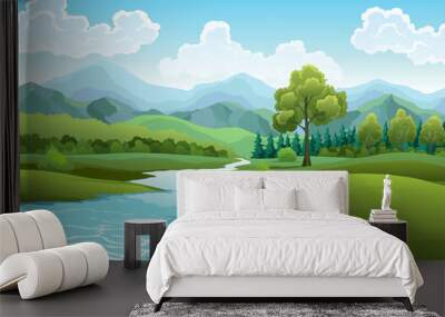 Landscape with river flowing through hills, scenic green fields, forest and mountains. Beautiful scene with river bank shore, reed cane, blue water, green hill, grass tree and clouds on sky Wall mural