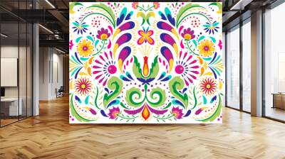 Mexican flower traditional pattern background. Ethnic embroidery decoration ornament. Flower symmetry texture. Ornate folk graphic, wallpaper. Festive mexican floral motif. illustration Wall mural