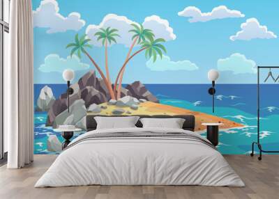 Pirate ocean island in cartoon style. Palm trees on uninhabited sea island. Tropical landscape with sandy beach and tropical nature Wall mural