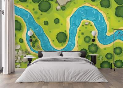 Top view river landscape. Summer beautiful valley, scenic picturesque natural stream. River with trees on shore. Landscape with winding river. Vector illustration Wall mural