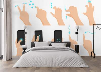 Touch screen hand gestures flat colored icon series with arrows showing direction of movement of fingers isolated vector illustration. Wall mural