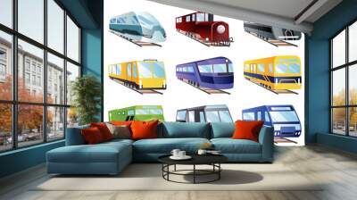 Train engine flat cartoon collection. Railroad passenger trains and carriages. Train transport railway, carriage travel, wagon transportation passenger Wall mural