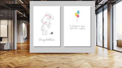 Two banners with funny cute bunny. Hand drawn rabbit thoughtful standing with flying butterfly and color balloons. Vector illustration in flat style Wall mural