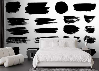 Vector black paint brush spots, highlighter lines or felt-tip pen marker horizontal blobs. Marker pen or brushstrokes and dashes. Ink smudge abstract shape stains and smear set with texture Wall mural