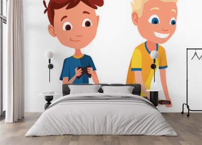 Video gaming kids. Boys playing games on joystick on game console. Kids video game addiction. Joyful teenagers. Vector illustration of flat design Wall mural