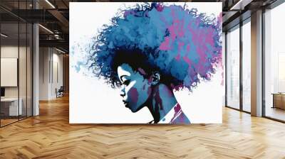 black woman with blue and pink afro isolated on white background - watercolor style illustration background by Generative Ai
 Wall mural