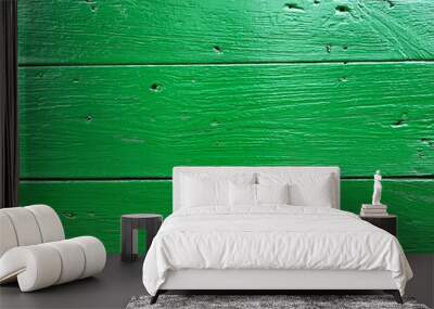 Painted green wooden horizontal planks texture board background. Wall mural