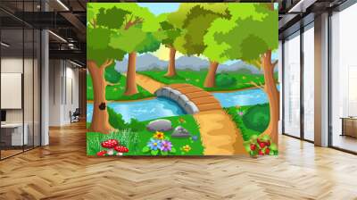 cartoon forest with a river and a bridge in the middle Wall mural