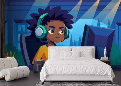 A mixed-race teenager dressed as a gamer, sitting at a computer with a headset and a focused look.
 Wall mural