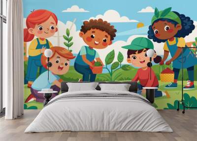 A playful illustration of a group of kids planting seedlings in a community garden.
 Wall mural