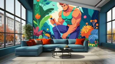 Caucasian Male, Adult, Muscular : Carefully tending to a lush garden, passionate about nurturing life.
 Wall mural