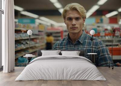 A young blondish man stands confidently in a grocery store aisle, surrounded by colorful displays and shoppers bustling about. Wall mural