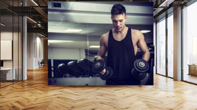 Handsome muscular young man exercising biceps in gym with dumbbells Wall mural