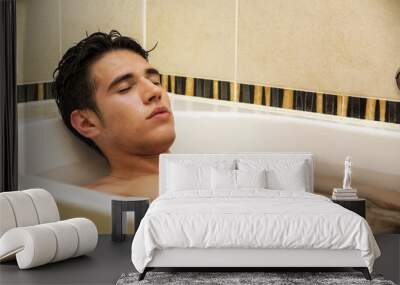 Handsome young man in bathtub at home having bath Wall mural