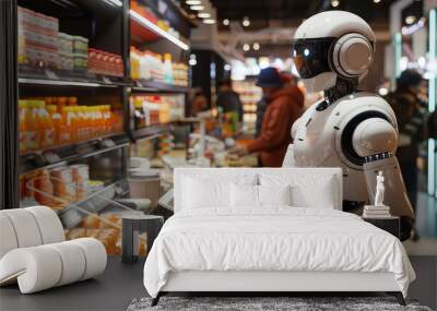 Robot assisting at a grocery store checkout counter Wall mural