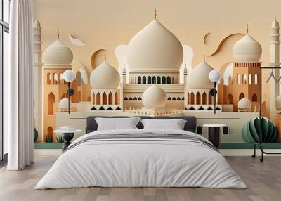 Very detailed vector mosque, soft color, multi layers, paper like ornament, islamic, ramadan theme. Generative AI Wall mural