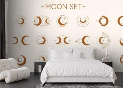 Circle pattern set with clouds, moon, sun, stars. The sun, moon phases, crystals, magic symbols. Vector collection in oriental chinese, japanese, korean style. Line hand drawn illustration EPS 10 Wall mural