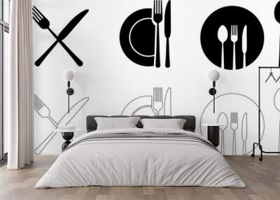 Cutlery silhouettes. Fork, knife, spoon and plate set icons. Vector utensil illustration restaurant symbols. Tableware set flat style. PNG image Wall mural