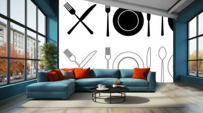 Cutlery silhouettes. Fork, knife, spoon and plate set icons. Vector utensil illustration restaurant symbols. Tableware set flat style. PNG image Wall mural