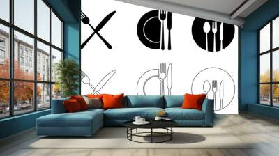 Cutlery silhouettes. Fork, knife, spoon and plate set icons. Vector utensil illustration restaurant symbols. Tableware set flat style. Vector EPS 10 Wall mural