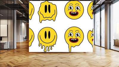 Funny melt smile faces set collection. Melted smiley faces in drippy graffiti style. Cartoon face. Urban graffiti style on transparent background Wall mural