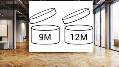 Pao cosmetic open shelf life month. Period after open icons set. PAO symbols: 3, 6, 12, 24, 36, 3m, 6m, 12m, 24m, 36m. Service life or expiry date icons for product packaging Wall mural