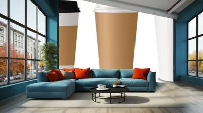 Set of realistic paper coffee cups on transparent background. Empty clean paper collection. Coffee cup Mockup. 3D vector mockup. PNG image Wall mural