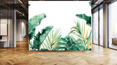 Watercolor frame featuring tropical hibiscus flowers and palm leaves on transparent background. Vector EPS 10 Wall mural