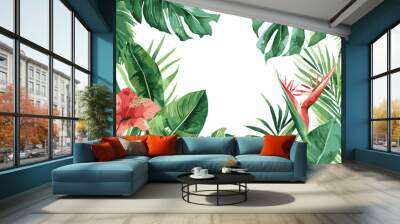 Watercolor frame featuring tropical hibiscus flowers and palm leaves on transparent background. Vector EPS 10 Wall mural