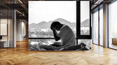 Man wake up with head pain suffers from headache Wall mural