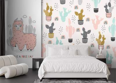 Cute cartoon baby lama with cacti card and seamless pattern set.  Wall mural