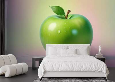 A green apple with a leaf, on a white background Wall mural